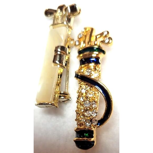 Golf Clubs Bag  Brooch 2 Pc Lot Mother Of Pearl Enamel Goldtone Small  1.5" - Picture 3 of 6